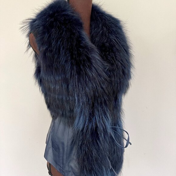 NWOT Leather Vest Navy Blue Real Fox Fur S size - Picture 2 of 16